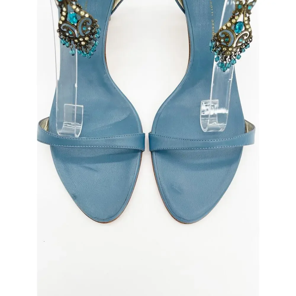 Giuseppe Zanotti y2k Vintage Teal Ankle Wrap Crystal Beaded Charm Sandals IT 41